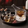 DUJUST Japanese Sake Set for 4, Glass Hammer Pattern in Golden Trim, 1 Cyrstal Clear Bottle, 1 Tank and 4 Cups, Cold/Hot Sake Carafe, Special Japanese Gifts Set - 6 pcs