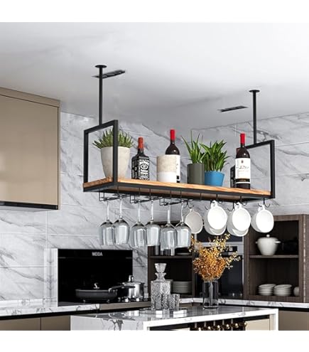 Portabottiglie Da Soffitto 2 Strati - Mensola Sospesa Per Vino E Bicchieri, 140x30x80 Cm, Nero - Foto 6