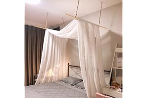 HanYun Himmelbett Vorhänge mit 2pcs Himmelbett Stange, Organza Stoff Hochzeit Vorhang Weiß Fenster Deko Tüllstoff Meterware Transparent für Betthimmel Doppelbett Hochzeit Traubogen Boho Deko (59x228)