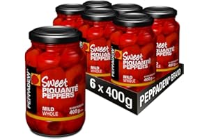 PEPPADEW Peppers, Sweet Whole Piquanté Peppers, Vegan, Gluten Free, Mild Spice, Ideal for Tapas, Bar Snacks and Nibbles, Pack of 6 Jars x Jar 400 g