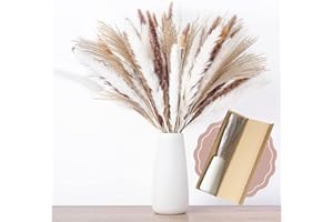 MUAEEOK 75Pcs Pampas Grass with Vase Included Boho Home Decor, Natural Dried Fluffy Pompas Grass 45cm, White & Brown Pampas Grass, Reed, Bunny Tails for Flower Arrangements Boho Wedding Home Décor