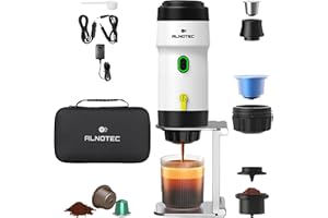 ALNOTEC Machine Expresso Portable-20 Bars-rechargeable-Machine a Cafe Portable-Auto-Chauffante- Compatible Capsules NES, DG & Café Moulu-chargeur USB, 220V et Voiture- Housse + Support. (BLANCHE)