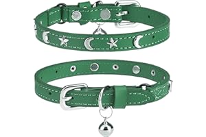 DILLYBUD Lederhalsband für Katzen mit Glöckchen und Sicherheits-Elastikeinsatz – Personalisierbar mit Stern- und Mond-Studs, verstellbare Sicherheitsverschluss-Halsbänder für kleine und große Katzen