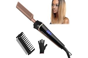 JANELOVE Hot Comb Straightener for Wigs & Afro Hair, 230°C Electric Heat Pressing Comb, Adjustable 80-230°C Temperature, LCD Display with Anti-Scald Hood & Gloves