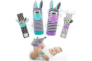 FREESKILL 4Pcs Rasselsocken Baby 0-6 Monate – Baby Rassel Set, Handgelenk Babyspielzeug, Neugeborenen Spielzeug für Jungen und Mädchen, Frühe Bildung Baby Socken – Geschenkideen für Säuglinge