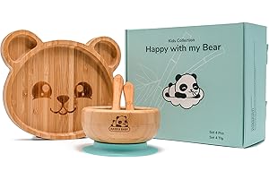 BAER & BABY Set di stoviglie per bambini in bambù (4 pezzi, antiscivolo) – piatti per bambini con ventosa – ciotola con ventosa – 2 cucchiai con punta in silicone – Set di stoviglie per bambini in