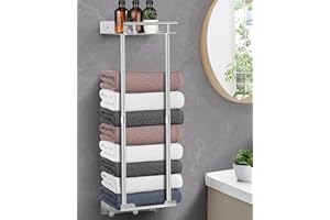 LIVEHITOP Towel Storage, Towel Rack Self Adhesive 81cm Adjustable Pole 41-72CM Stable Wall Mounted Towel Holder Bathroom Silver with Shelf Hooks