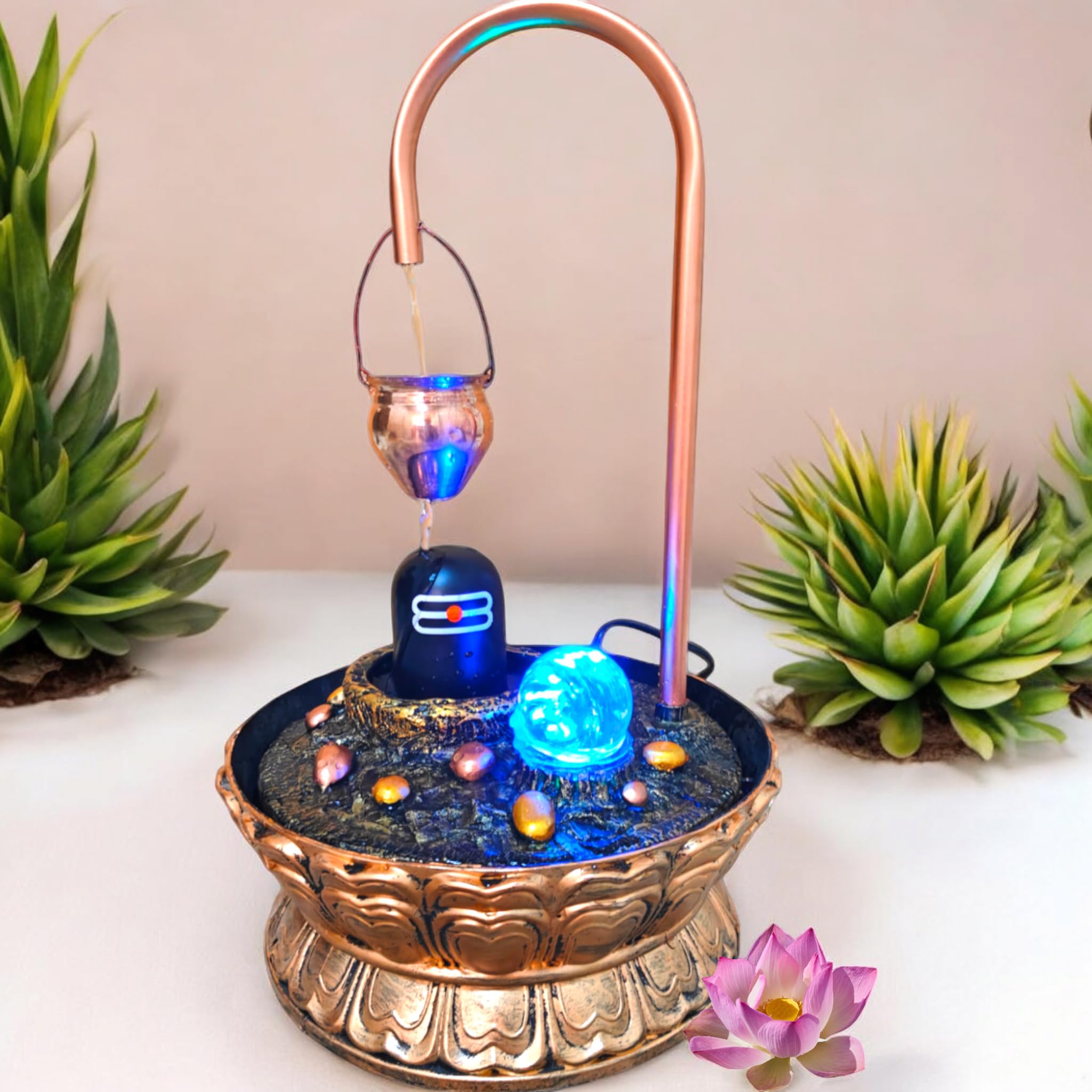 Decrosh. Big Copper Metal Shivling Water Fountain with Crystal Ball Big for Home Decor Showpiece Tabletop Waterfall Fountain