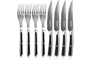 Sunnecko Set Couteaux à Steak et Fourchettes 8pcs, Couteaux de Table en Acier Damassé 73 Couches, Couteau à Viande Manche Ergonomique G10, Set Couteaux Cuisine avec Boîte en Bois