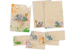 SLEECOM Set Briefpapier für Kinder | Safari-Tiere | Schreibblock DIN A4 mit 24 Blatt + 15 Briefumschläge DIN lang + hochwertige Mappe