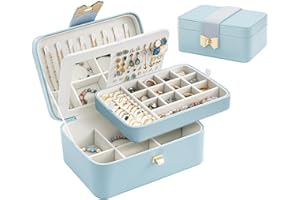 Lolalet Boîte Bijoux Fille, Rangement Bijoux PU Cuir à 4 Couches avec Miroir, Range Bijoux pour Colliers, Boucles d'oreilles, Bracelets -Bleu