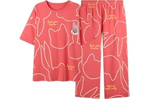 GOSO 2pcs Girls PJS Pijamas Set Manga Corta 3/4 Largo Capri Loungewear Set Ropa de Noche para Verano/Primavera, Transpirable Lindo Conjunto de Ropa de Dormir para Niñas Adolescentes