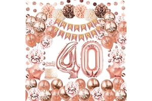 Decoration Anniversaire 40 Ans Femme,Anniversaire 40 Ans Or Rose,Deco Anniversaire 40 Ans Bannière de Joyeux ème Décoration 40 Ans,PomPoms en Papier,Ballons 40 Ans Feuille pour Femmes Réutilisable