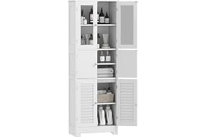 HOMCOM Columna de Baño Mueble Auxiliar de Baño con 6 Puertas Estantes Ajustables Antivuelco Armario Alto de Baño Moderno 60x30x170,5 cm Blanco