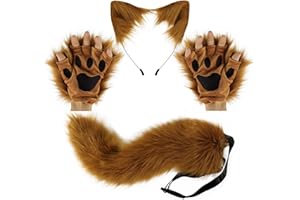 PPFINE Wolf Fuchs Schwanz Clip Ohren und Handschuhe Set Halloween Weihnachten Fancy Party Kostüm Spielzeug Geschenk für Kinder oder Erwachsene (brown01)