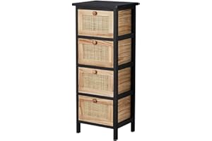 Home Source Chest of Drawers, Wooden Bedroom Organiser Storage Unit, Black with Woven Rattan Drawers, 4 Drawer