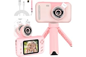 EIEVEY Kinderkamera,Kinder Fotoapparat mit 180° Flip-Objektiv,1080P HD 2,4“ Bildschirm, Stativ & 32GB SD-Karte Kids Selfie Camera Spielzeug für 3-12Jahre Jungen Mädchen Geschenk Geburtstag Weihnachten (Rosa)