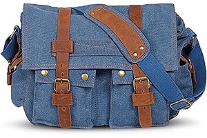 VARLIVOO Vintage Sacs bandoulière Homme Sac Messager pour Hommes Sacs pour Ordinateur Portable 14" Cartable Briefcase Travail L'école Toile Bleu