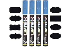 Rotulador Tiza Liquida Azul, DIGIELE 4 Pcs 3mm Rotuladores de Tiza Líquida Azul + 16 Reutilizable Etiquetas, Borrado con Seco y Húmedo, Punta Reversible de Bala o Cincel para Pizarra, Ventana y Vidrio
