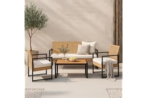 casa.pro Set Mobili da Giardino Tavolino con Piano in Legno 2 Poltrone e Divano in Polyrattan con Cuscini Arredo da Esterno Set Salottino da Patio Balcone Terrazzo - Nero/Beige