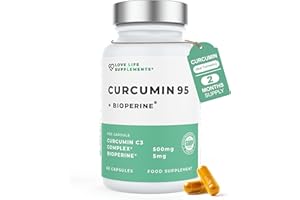 LOVE LIFE SUPPLEMENTS Curcumin 95 + Bioperine® by LLS | High Strength Turmeric Curcumin Capsules containing 96.9% Curcuminoids and Black Pepper Extract | 500mg x 60 Veg Capsules | Made in UK Under GMP/BRC License