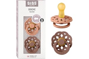 BIBS Boheme Smoczek, 2 szt. Bez BPA. Okrągły kształt gumowej główki, Rozmiar 2 (6-18 miesięcy), Peach/Woodchuck
