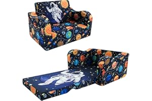 MeMoreCool Folding Kids Couch, Foldable Chair Comfy for Toddlers 1-3, Fold Out Couch 2-in-1 Sofa Bed for Playroom, Toddler Lounge Chair for Boys & Girls, Astronaut Pattern