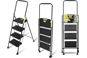 HYTAMA TOOLS HYTAMA Scala Scaletta Sgabello Pieghevole "BLACK MAX" Salvaspazio con Gradini Antiscivolo e Impugnatura Soft in Gomma Massima Stabilità Portata max150kg (4 GRADINI)
