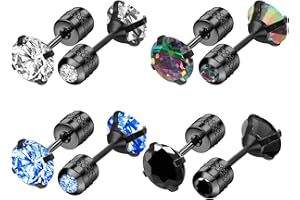 YOLEV 4 Paires Boucles d'oreilles en Zircon pour Femmes et Hommes Boucles d'oreilles à Tige en Acier Inoxydable 6mm Colorées dos Plat Diamant Cartilage Bijoux