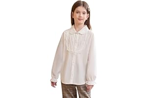 SOLOCOTE Camicia Bianca Bambina con Bottoni Collo Peter Pan Blusa Maniche Lunghe con Rouches Uniforme Scolastica Top