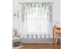 Odot Halbtransparente Vorhänge mit Stangentasche, 3D Grün Blatt Muster Voile Gardinenvorhang 2 er Set Fensterschal Moderne Vorhänge Fenster für Wohnzimmer Schlafzimmer (Weidenblatt,130x160cm)