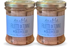 AIA DE MÂ SERGIO MARCHETTI Aia de Mâ Filetti di tonno sott'olio di Alta qualità, 2 Vasetti in Vetro da 190Gr, Tonno olio oliva dal gusto Saporito e Autentico, Filetto di tonno pinna gialla in Vetro, Lavorato a Mano