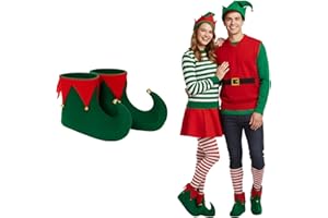 FUN FABLES Adults Deluxe Christmas Elf Shoe Covers with Bells – Red & Green Fancy Dress Boot Covers | Christmas Costume Accessory for Xmas Parties, Santa’s Helper & Holiday Outfits