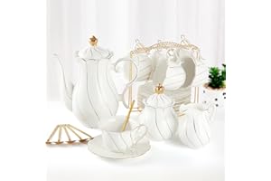 DUJUST Service à thé 22 pièces en porcelaine blanche pour 6 personnes, ensemble de tasses à thécafé de luxe de style britannique avec bordure dorée, beau service à thé pour femme, ensemble de thé,
