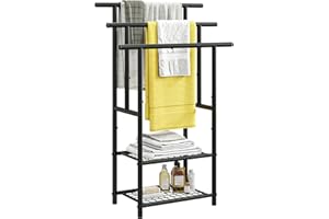 FOUBAM Towel Rack, Towel Rail, Towel Ladder, Standing with 3 Towel Rails, Metal Bath Towel Holder with 2 Shelves, for Bath Towels, Blankets, Space-Saving, Sturdy, Industrial Style, Black