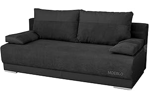 ‎MB-MOEBEL mb-moebel Couch mit Schlaffunktion und Bettkasten Schlafsofa 200cm Breit Gästebett Kindersofa Wohnzimmercouch Bettsofa 3 Sitzer Sofa Ausziehbar Sitzbank 196x92x85 cm Nisa (Schwarz)