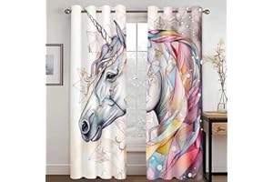 WEQEER Rideaux opaques - Rideau occultant - Motif licorne - Dessin animé - Cheval rose - Rideau de fenêtre pour chambre d'enfant - Motif arc-en-ciel - Nuages - 1,150 x 166 cm (2 x 75 x 166 cm)