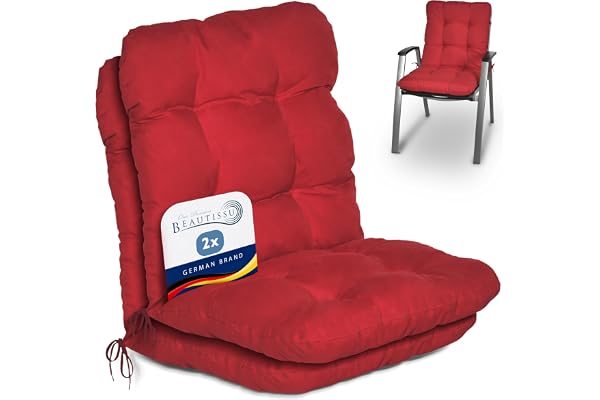 Beautissu Coussin Exterieur Jardin Flair NL – Set de 2 Coussins Chaise Jardin pour Chaise, Fauteuil ou transat de Jardin, terrasse ou Balcon - 100x50x8cm - Dossier Standard – Rouge