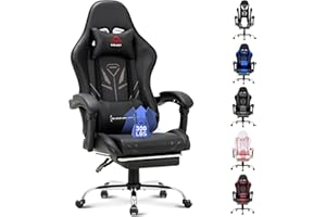 COLAMY Gaming Chair, Computer Chair with Footrest and Lumbar Support, Height Adjustable Gaming Chair with 360°-Swivel Seat and Headrest, Black