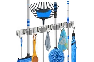 AMERTEER Broom Holder Wall Mounted, Mop and Broom Hanger Holder | Racks 5 Hooks for Home kitchen Garden Tools, Garage Organizing Wall Hanging, Garage Storage Rack & Garden Tool Organizer
