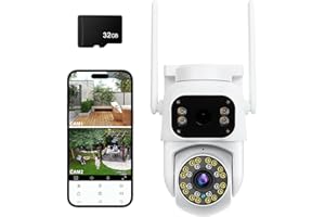 IRIDSMOLE Dual Lens Security Camera Outdoor, 2K PTZ WiFi CCTV Camera with 32G SD Card, 360°View, Auto-Tracking, Color Night Vision, Two-Way Audio, Siren & Spotlight, IP66 Weatherproof CCTV for Home Security