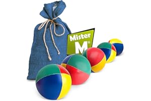 Mister M | 5 Pelotas de Malabares en Saco de Yute Azul | Fáciles de agarrar | Revestimiento Impermeable y Acolchado ecológico | Apto para Principiantes y Expertos | con App y videotutorial Online