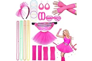 Kareeran 80s Fancy Dress for Women Girls, 80s Accessories Rockstar Fancy Dress, Neon 90s Retro Headbands Earrings Fishnet Gloves Sunglasses for Dress Up Party