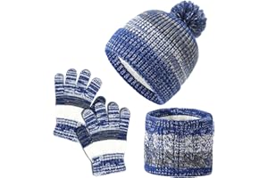 Fiohiros 3Pcs Kids Winter Hat Scarf Gloves Set, Knit Warm Fleece Lined Kids Hat and Scarf Set, for Boys and Girls 4-10 Years