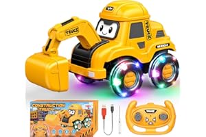 HappyGoLucky Digger Remote Control Cars, Toddler Toys for 1-4 Year Old Boys Girls 1 2 Year Old Boy Toys Early Christ Mas Presents 1st Birthday Gifts for Boy Girls, Cars for Kids Tractor Toy With Light