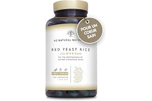 Levure de Riz Rouge et Coenzyme Q10 Concentrée 2.9 mg de Monacoline K, Santé Cardiovasculaire. Antioxydant Végan 120 Gélules N2 Natural Nutrition
