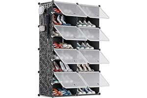 YIHATA Scarpiera, 2 x 8 Livelli Portascarpe 32 Paia di Scarpe, Scaffale Portaoggetti Modulare, con Sportello Trasparente, Pannelli di Plastica per Corridoio Soggiorno Camera da Letto, Nero