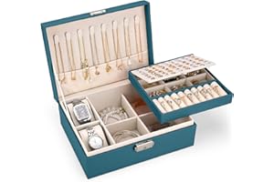 TENXSNUG Joyeros Mujer Organizador Grande, Caja Joyero Organizador de Joyas 2 Capas Cuero PU, Jewelry Organizer Caja Bloqueable Joyero Organizador para Collares Aretes Pulseras Anillos Relojes, Verde