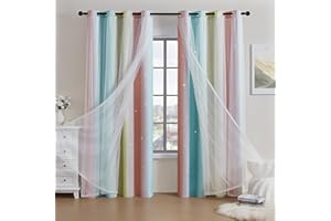 ACCMUZZY 2 Panels Blackout Curtains for Bedroom,Double Layer Kids Curtain,Star Window Colorful Rainbow Curtain,Girl children Eyelet Curtains for Bedroom,Living Room,Nursery Room (Blue&Pink&Yellow, W52×L63)