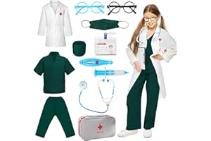 VICTERR 12 Piezas Disfraz de Medico Niño, Disfraz de Científico Infantil, Juego de Roles Disfraz de Medico Bata de Laboratorio con Estetoscopio Anteojos Termómetro jeringuilla, Regalos para Niña Niños